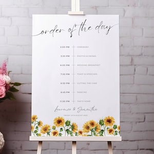 Sunflower Wedding Order of the Day, Personalised Order of the Day, Order of the day Sign, Wedding Order Of Service, Wedding Timeline Sign