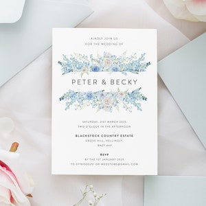 Baby Blue Wedding Invitations, Floral Invites, Wedding Invitations, Modern Wedding Invitations, Blue Wedding Invitations, 5x7 Silk Card