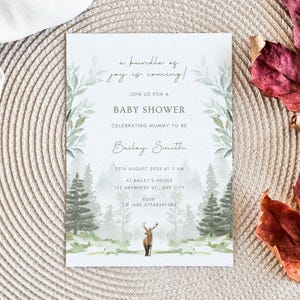 Convite para chá de bebê em Woodland, convite para floresta, convite para chá de bebê verde-sálvia, convite para chá de bebê com veado, convite para chá de bebê, cartão de seda 5x7