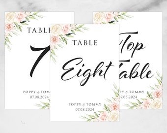 Pink & White Table Number Cards, Floral Table Numbers, Wedding Table Number Cards, Wedding Stationary, Wedding table Decor, 5x7 White Silk