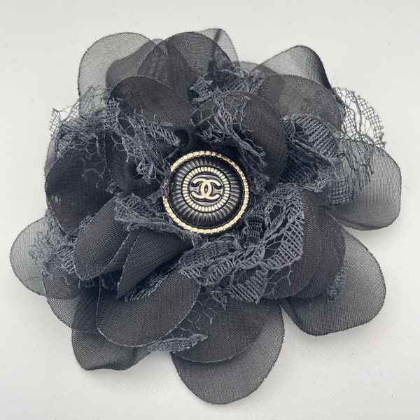 Brooch couture style camellia black brooch, luxury chiffon and french lace with chanel button, 10cm (4in)