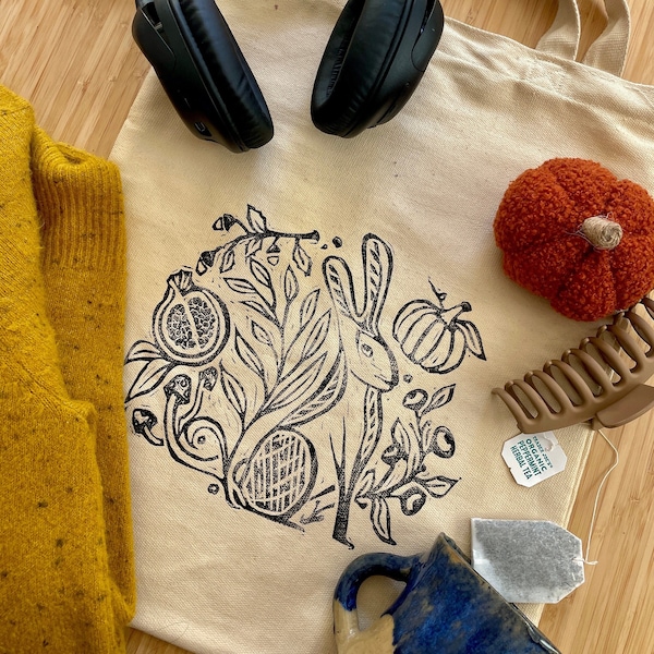 Harvest Rabbit Block Printed Tote Bag, 13”x 20”, Handmade