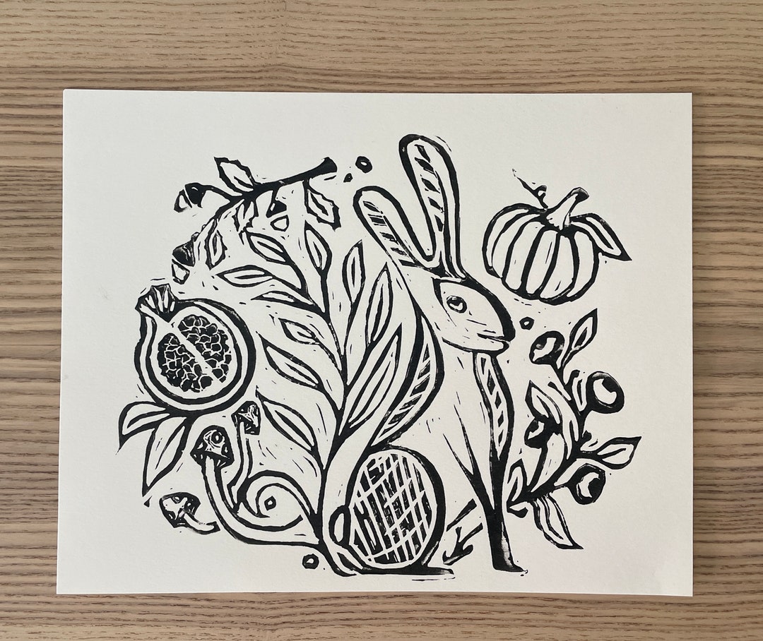 Harvest Rabbit, 8x10 Original Linoleum Block Print, Ink on Printmaking ...
