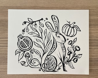 Harvest Rabbit, 8x10 Original Linoleum Block Print, Ink on Printmaking Paper