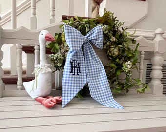 Monogrammed Wreath Bow: Blue Gingham Wreath Scarf