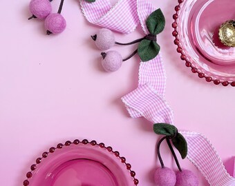 Pink Cherry Garland,Pink Gingham Garland With Wool Felt Cherries