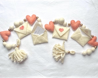 Peony Heart Envelope Garland: Wool Felt Banner, Nursery Decor