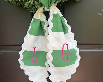 Embroidered Wreath Scarf: Green Stripe Outdoor Fabric, Personalized