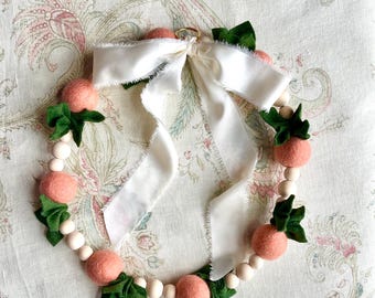 Peach Felt Nursery Wreath: Handmade Wool Pom Decor