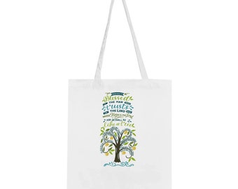Classic Tote Bag with Bible scripture- blessed is the man who trusts in the Lord.  100% cotton fabric
