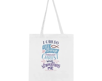 Classic Tote Bag with Bible Scripture - Christ gives me strength. Available in 2 colours 100% cotton Capacity 10 litres Reinforced stitching