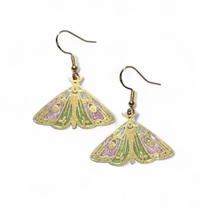 Pastel Pink Green and Gold Moth Earrings, Vintage Style Insect Jewelry, Boho Butterfly Earrings, Nature Lover Gift for Her