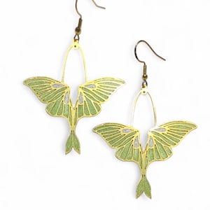 Green and Gold Luna Moth Earrings, Handmade Earrings, Witchy Earrings, Whimsical Jewelry, Handmade Jewelry Gifts
