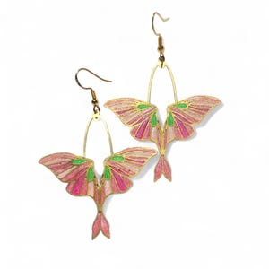 Pink Green and Gold Strawberry Luna Moth Earrings, Iridescent Fairycore Jewelry, Butterfly Wing Earrings, Whimsical Gifts