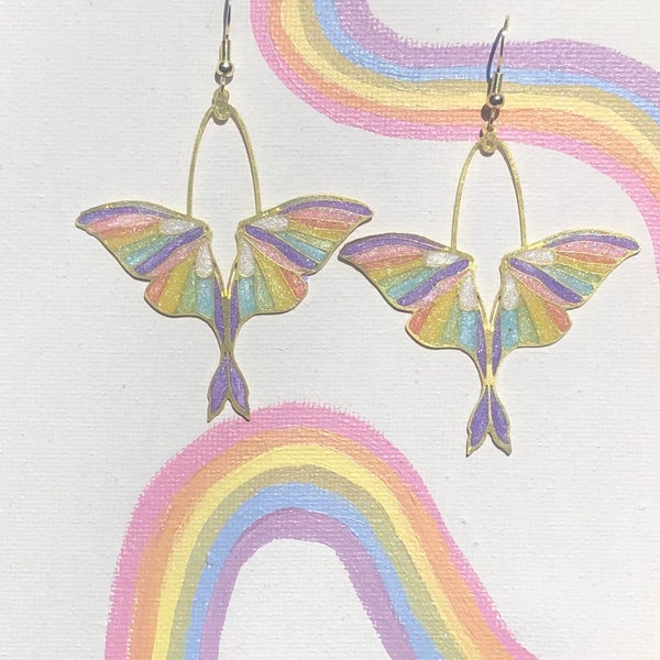 Rainbow pastel and white moth earrings