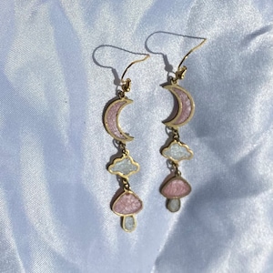 Pink moon, cloud, and mushroom earrings