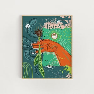 May include: A hand reaches out to pluck a green plant with a brown stem. The background is a vibrant green with a snake, an eye, and the word "pluck" in pink.