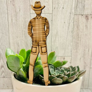 Peeing Cowboy Silly decoratieve plantprikker ontwerpbestand voor lasersnijden, klaar voor Glowforge