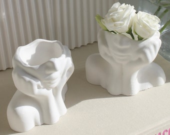 Vase für Blumen - Weiß - Gesicht Frau - Kleine Vasen - Trockenblumen - Boho Deko