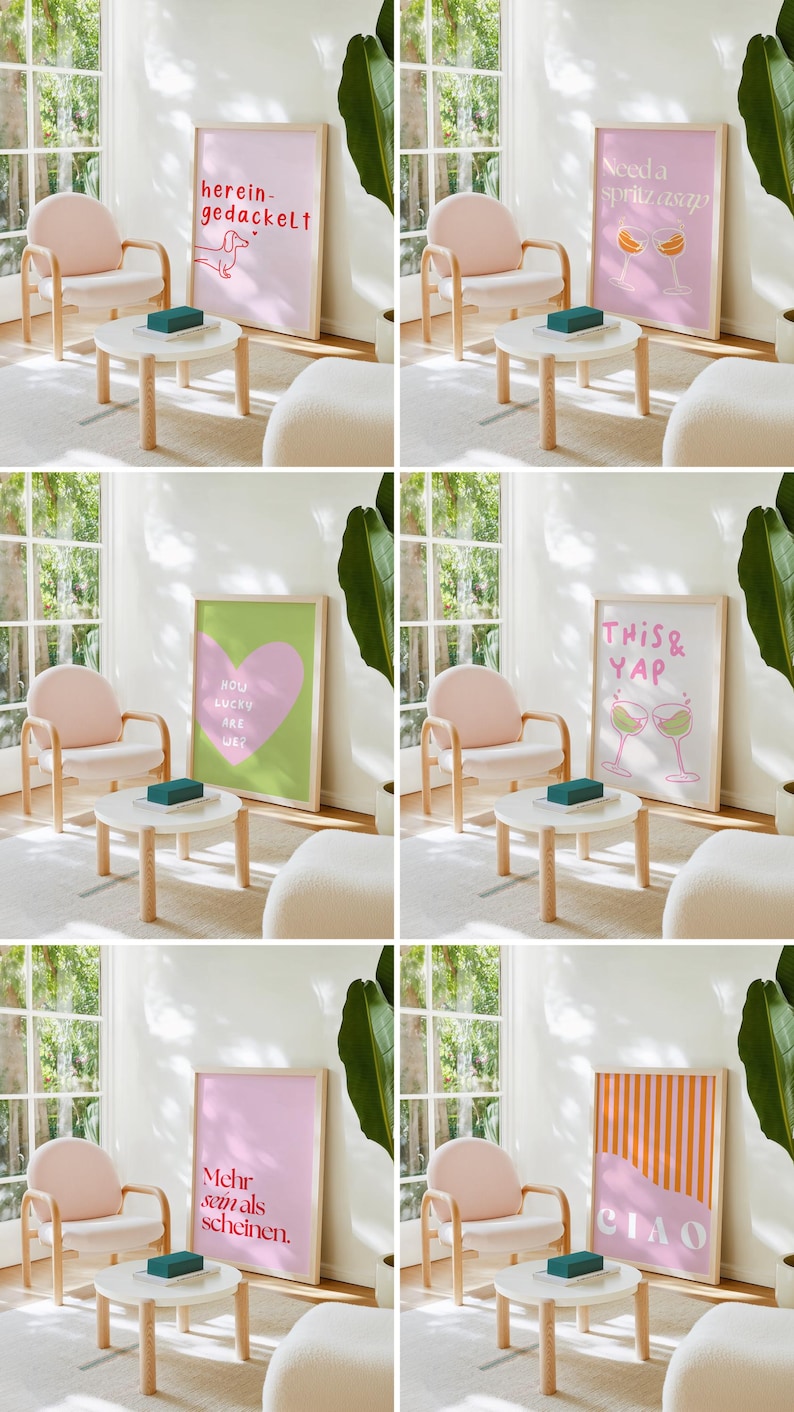 May include: A cozy living room scene featuring a pink armchair, a small white table, and framed art prints. The prints display various phrases and illustrations in pink and white, adding a touch of whimsy to the space. A green plant and a blue box complete the decor.