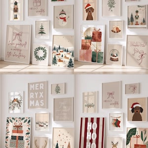 Könnte beinhalten: Eine Sammlung gerahmter Kunstdrucke zum Thema Weihnachten. Die Drucke zeigen verschiedene Urlaubs-Motive, darunter Geschenkboxen, einen Schneemann, einen Dackel mit Weihnachtsmütze und Texte mit "Hello Winter" und "Merry Christmas". Die Farbpalette umfasst Beige, Rot und Grün.