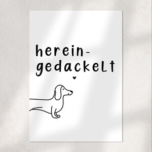 May include: A white print featuring a black line drawing of a dachshund dog and the German phrase "herein-gedackelt" in black text. A small black heart is above the dog. The image is on a white background.