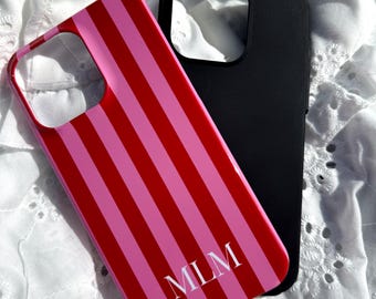 Personalized iPhone phone case - Stripes - Initials - Gift idea - Mobile phone accessories - Protective case - Tough phone case - Pink Red - Case