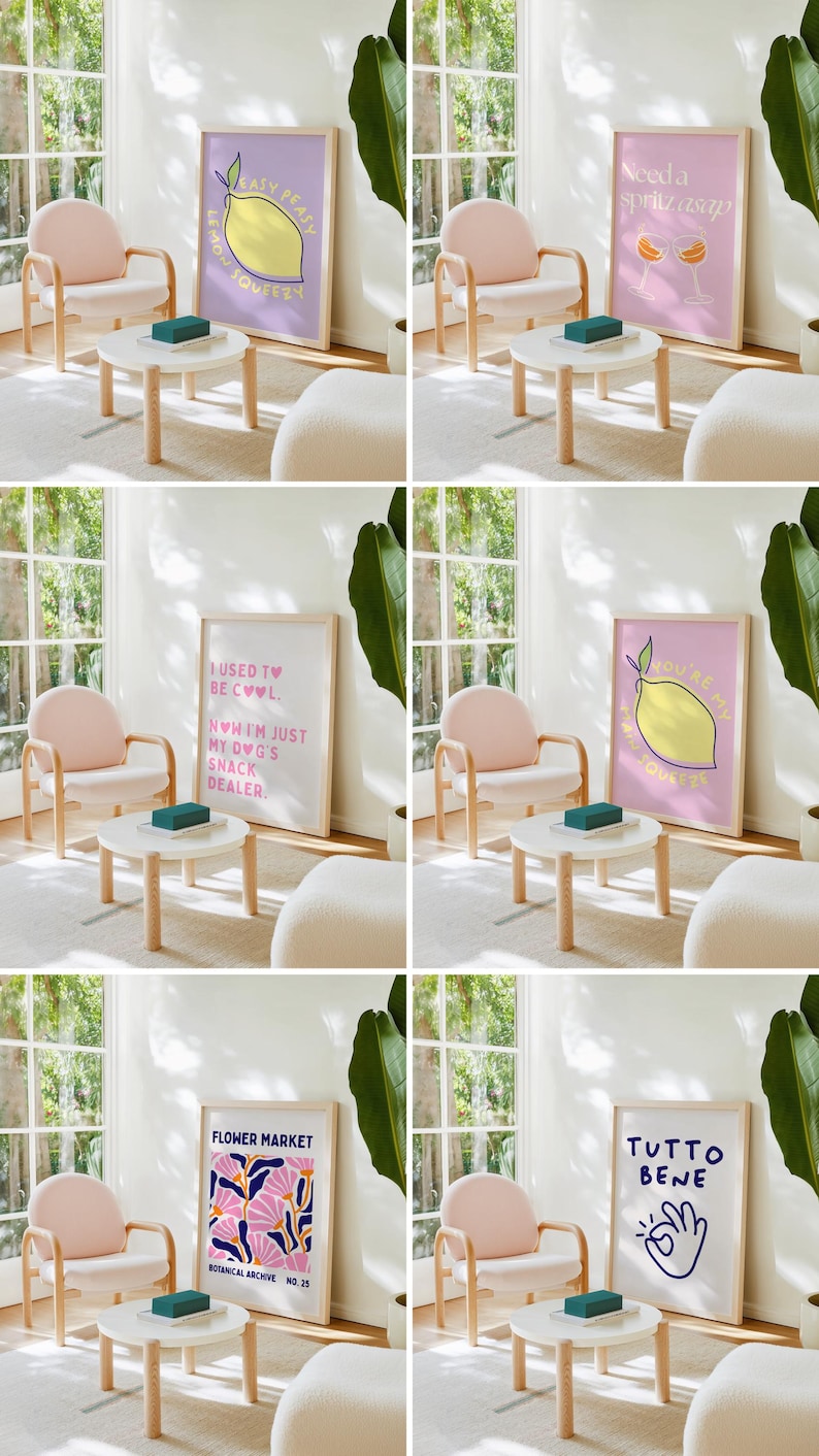 May include: A light-filled room with a modern aesthetic, featuring a pink armchair, a small white table, and framed art prints. The prints display playful text and illustrations, including a lemon, cocktail glasses, and floral designs. A teal box sits on the table.