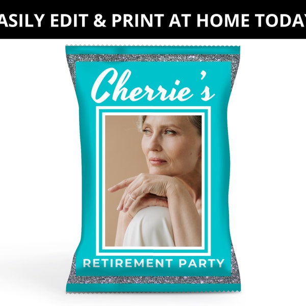 Teal Glam Retirement Party Chip Bag Template, Silver Retirement Favors, Custom Finally Retired Party Decor