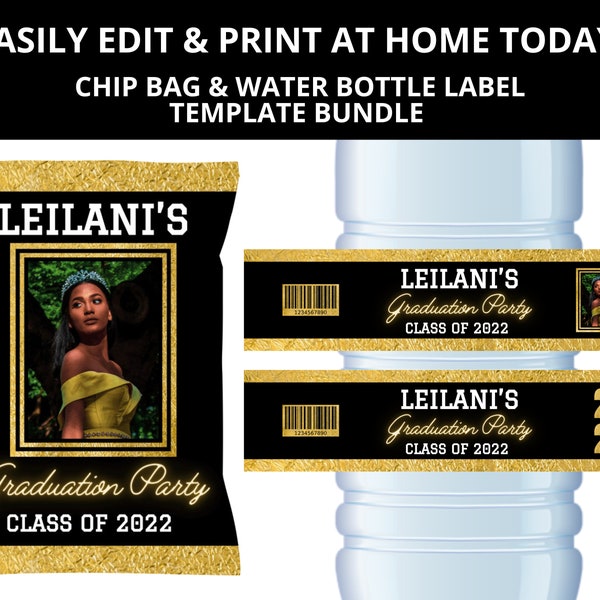 Gold & Black Graduation Party Template Bundle, Gold Grad Chip Bags, Gold Grad Water Bottle Labels, Class Of 2022 Template