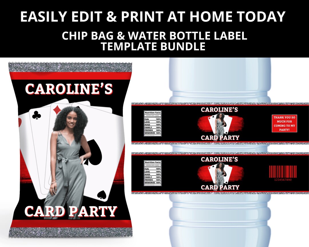 Red Card Party Chip Bag & Red Water Bottle Labels Template Etsy