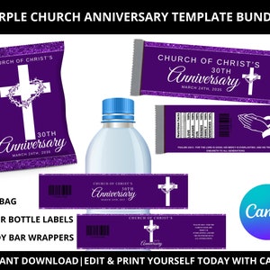 Purple Church Anniversary Template Bundle, Church Anniversary Chip Bag, Candy Bar Wrappers & Water Bottle Labels