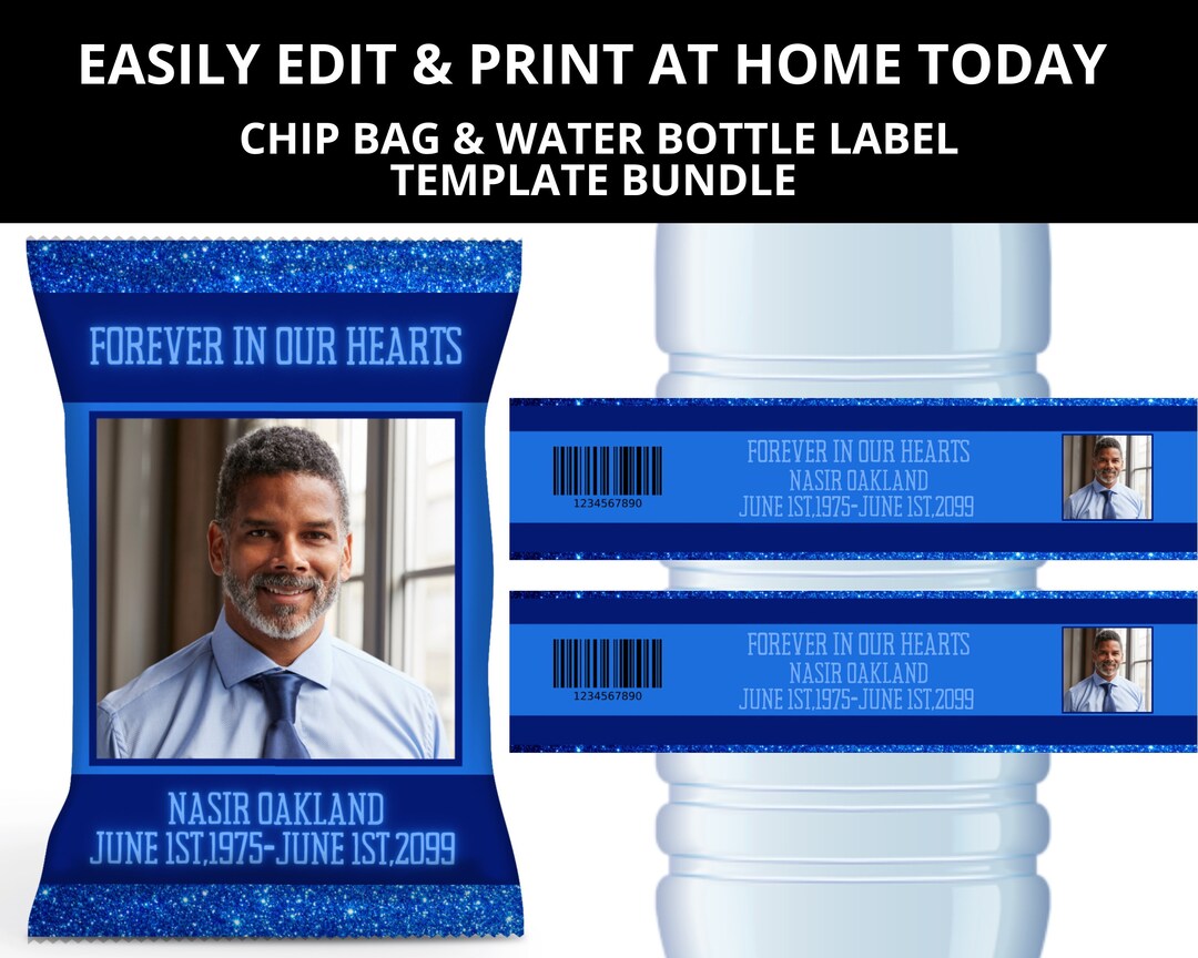 Blue Funeral Chip Bag & Water Bottle Label Template Bundle, Shades of