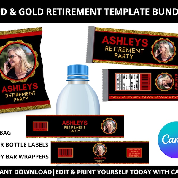 Red And Gold Retirement Chip Bag, Water Bottle Labels & Candy Bar Wrappers Template Bundle