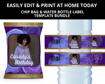 Purple & Gold Birthday Template Bundle, Purple Chip Bags, Purple Water Bottle Labels, Custom Photo Party Favors, Gold Chip Pouch