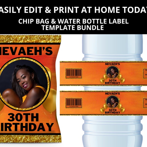 Orange And Gold Foil Birthday Chip Bag & Water Bottle Label Template Bundle, Orange Gold Chip Package, Glam Party Favors