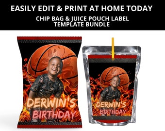 Basketball Theme Party Editable Chip Bag & Juice Pouch Label Template Bundle