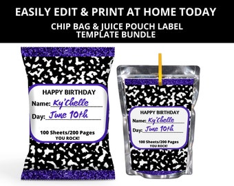 Purple Notebook Birthday Chip Bag & Juice Pouch Labels Template Bundle