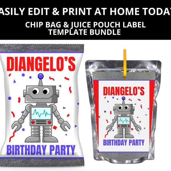 Robot Theme Birthday Party Chip Bag & Juice Pouch Label Template Bundle