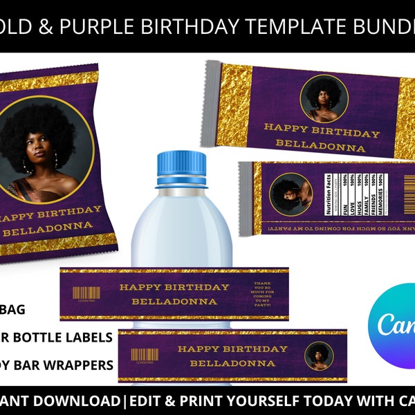 Editable Gold Foil And Purple Chip Bag, Water Bottle Labels & Candy Bar Wrappers Template Bundle