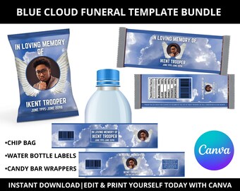 Lot de sacs pour funérailles, étiquettes de bouteilles d'eau et modèle d'emballage de friandises Blue Cloud