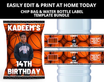 Basketball Theme Birthday Template Bundle, Basketball Chip Bag, Basketball Water Bottle Labels