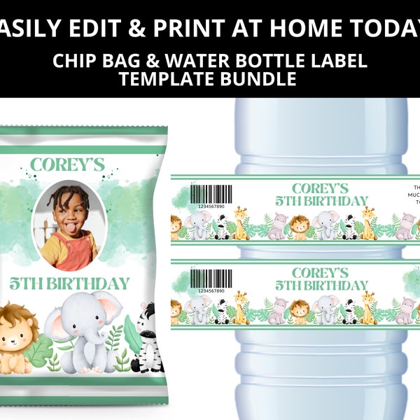 Editable Safari Themed Birthday Template Bundle, Safari Chip Bag, Safari Water Bottle Labels