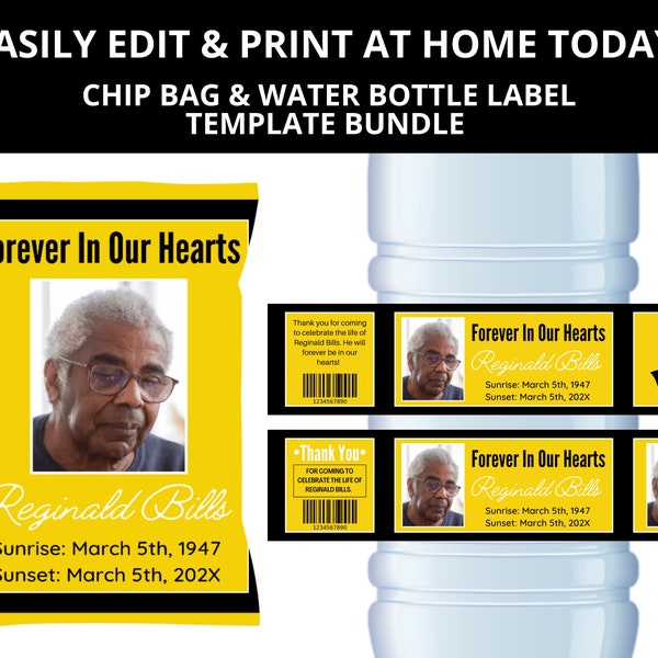 Yellow And Black Funeral Chip Bag & Water Bottle Label Template Bundle, RIP Chip Bag, RIP Waterbottle Labels