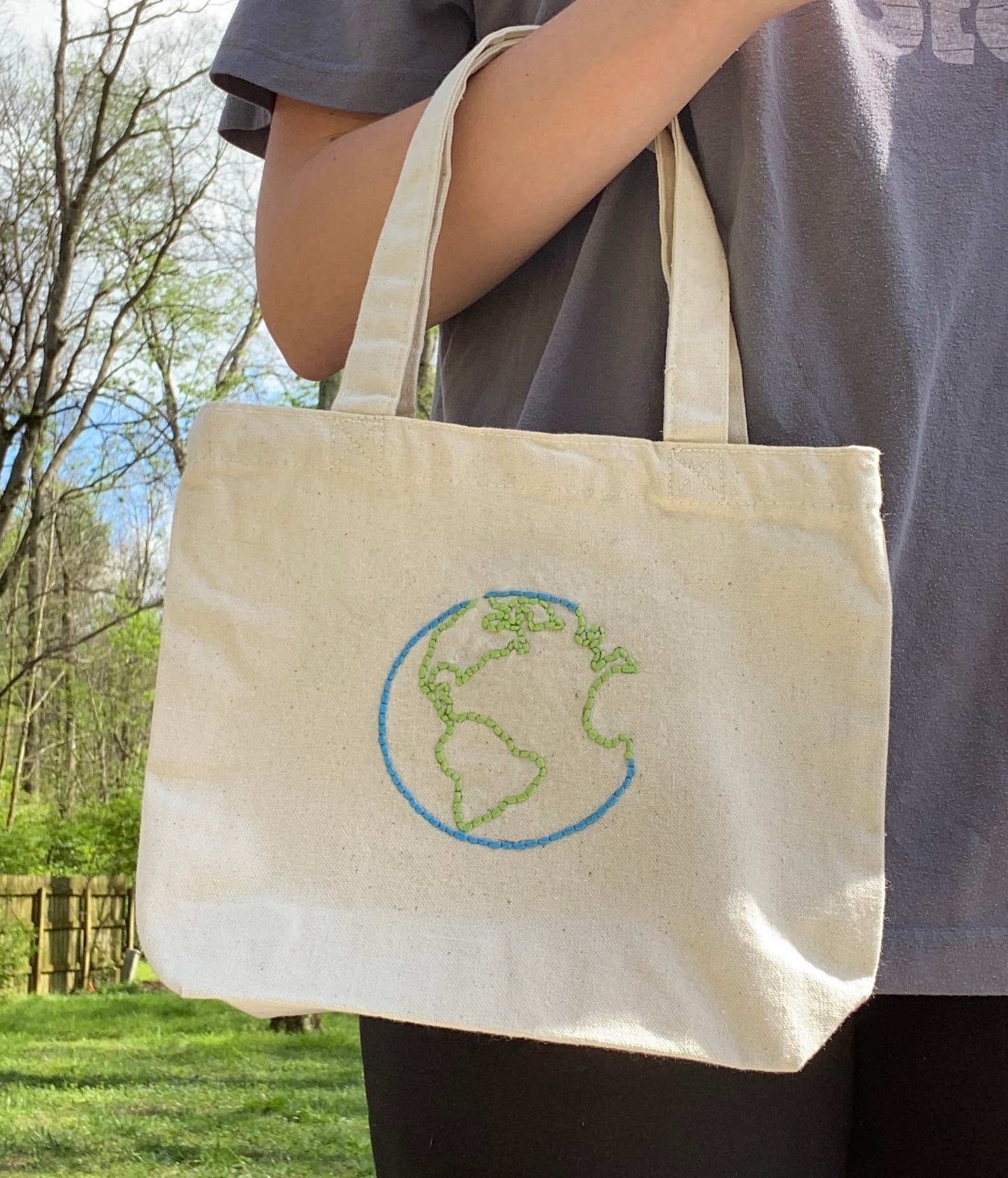 Handmade Embroidered Canvas Bag Green and Blue Earth Design Etsy UK