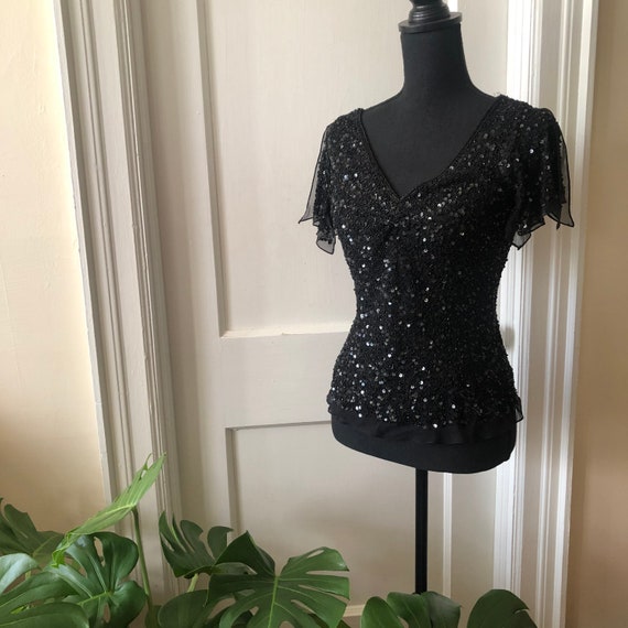 90s Vintage Black Embellished Blouse by Adrianna … - image 1