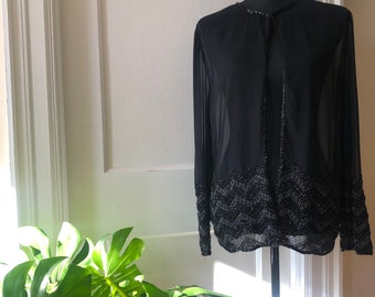 80s Art Deco Sheer Black Embellished Cardigan by Elegant Fashions