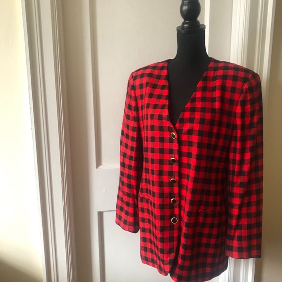 80s Red & Black Buffalo Check Blazer by Jones New… - image 2