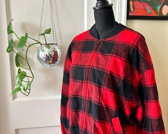 80s Red & Black Checked Wool Bomber Jacket by Ms. Russ