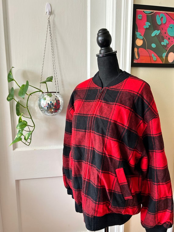 80s Red & Black Checked Wool Bomber Jacket by Ms. 